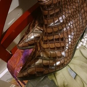 Brown Croc-Embossed Heeled Boots
